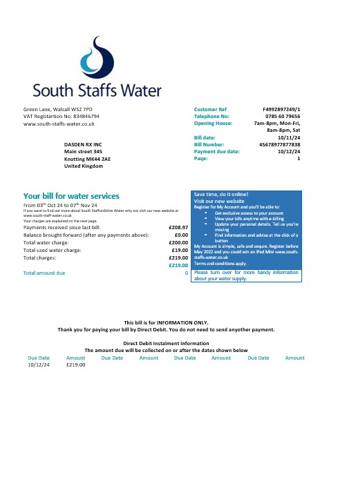 United Kingdom South Staffs Water water business utility bill Word and PDF formats, version 2